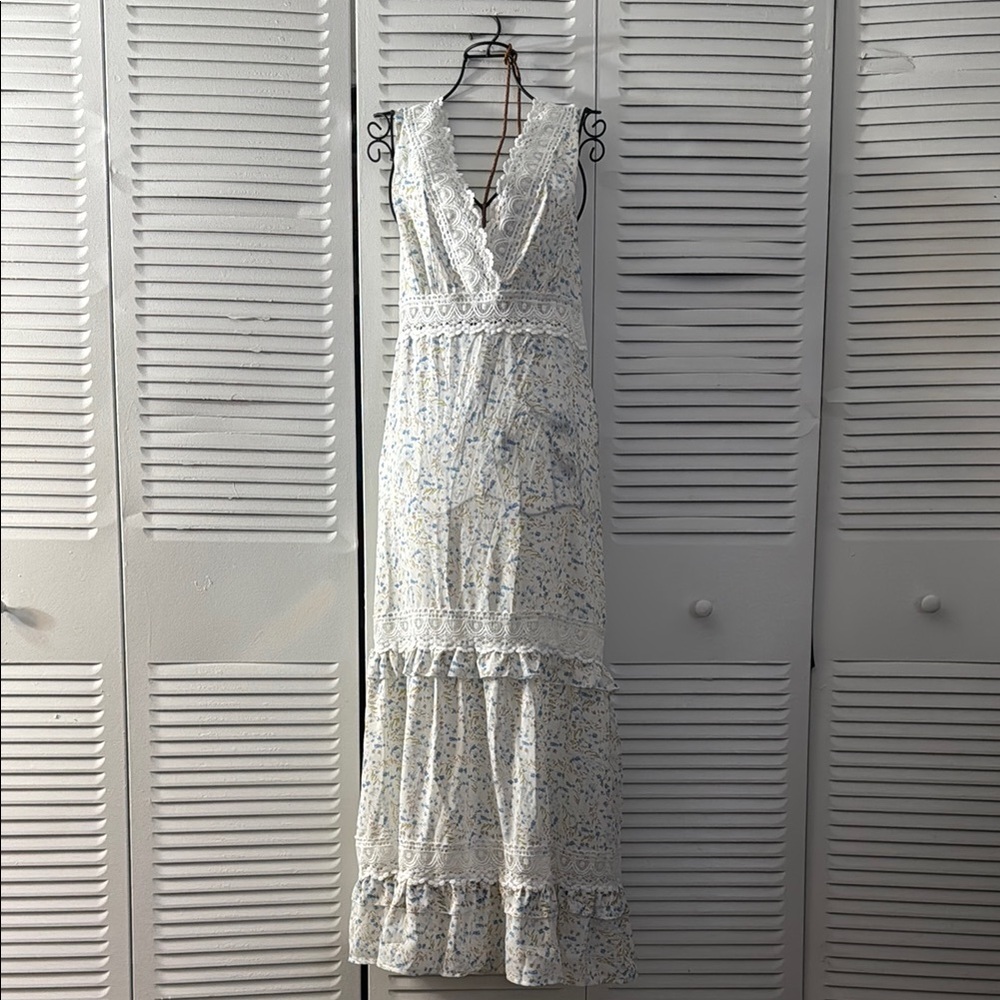 White Tiered Maxi Dress Plunge Neckline Sleeveless